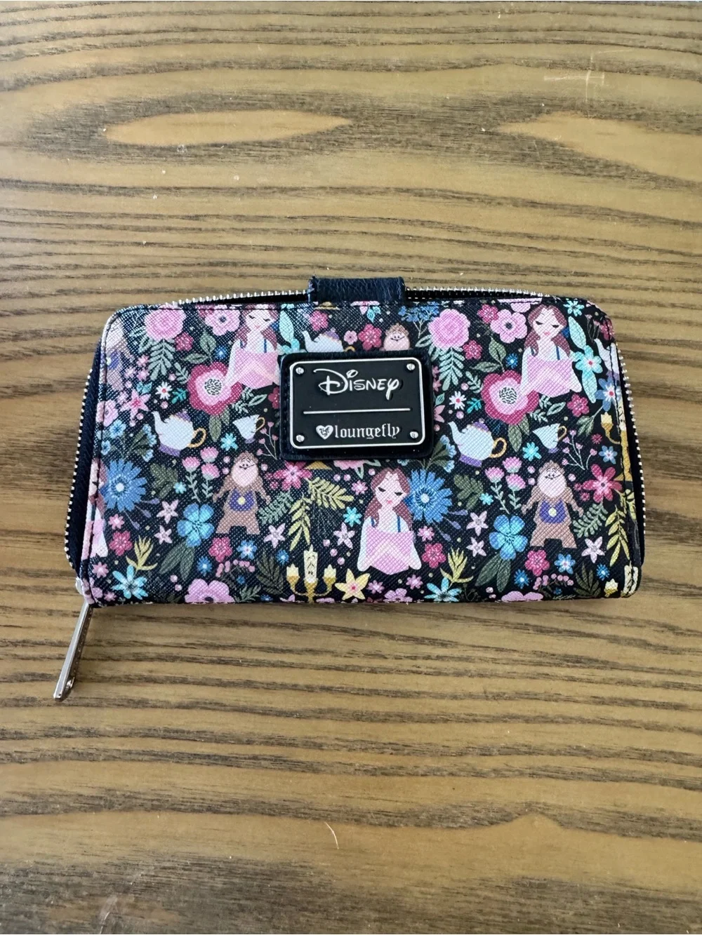 LOUNGEFLY DISNEY BEAUTY AND THE BEAST CHARACTER FLORAL PRINT ZIP-AROUND WALLET